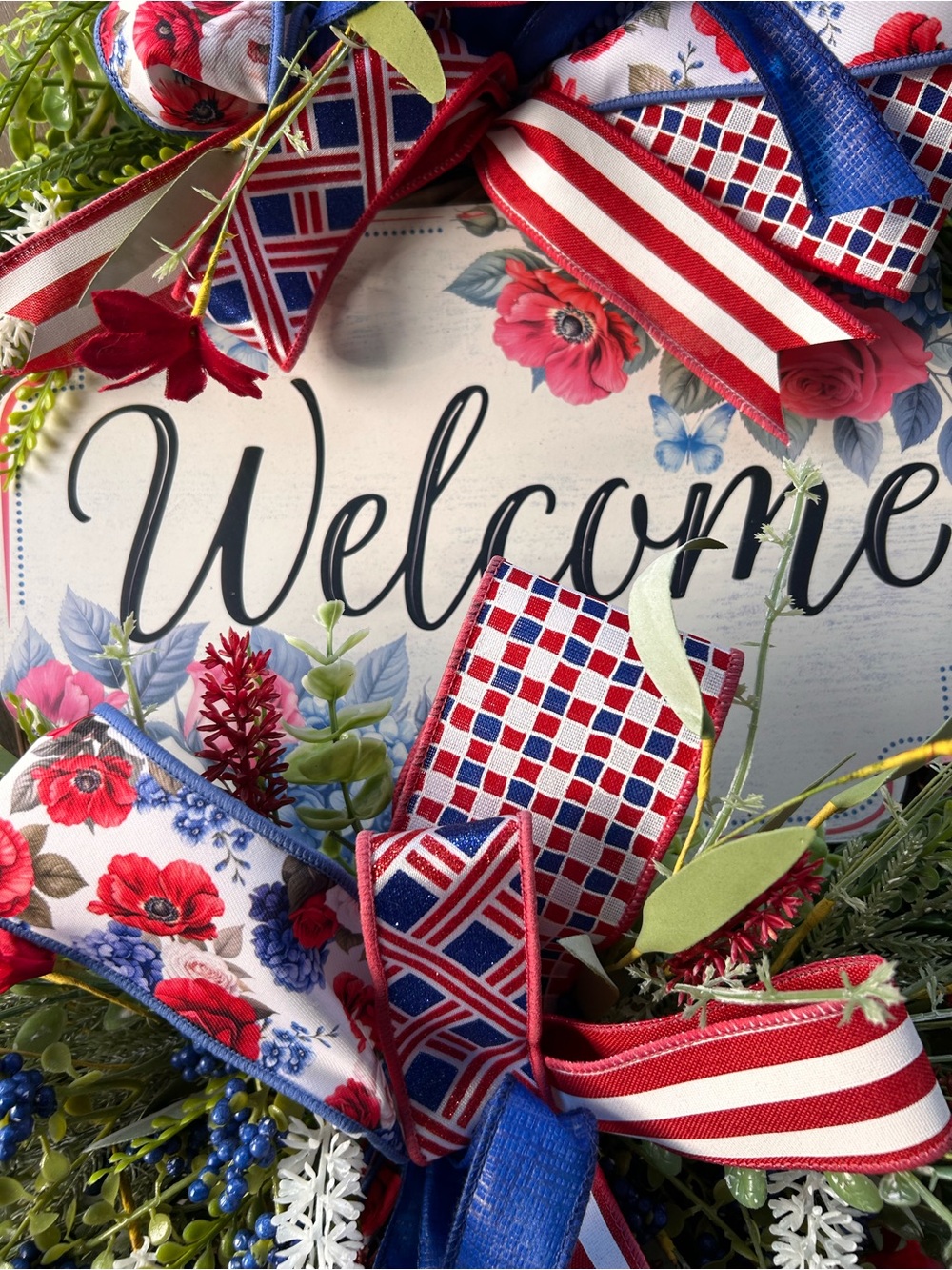 Welcome Floral Patriotic Wreath Sign with Red, White & Blue Ribbon